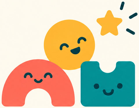 Tres bloques de colores con cara y una estrella